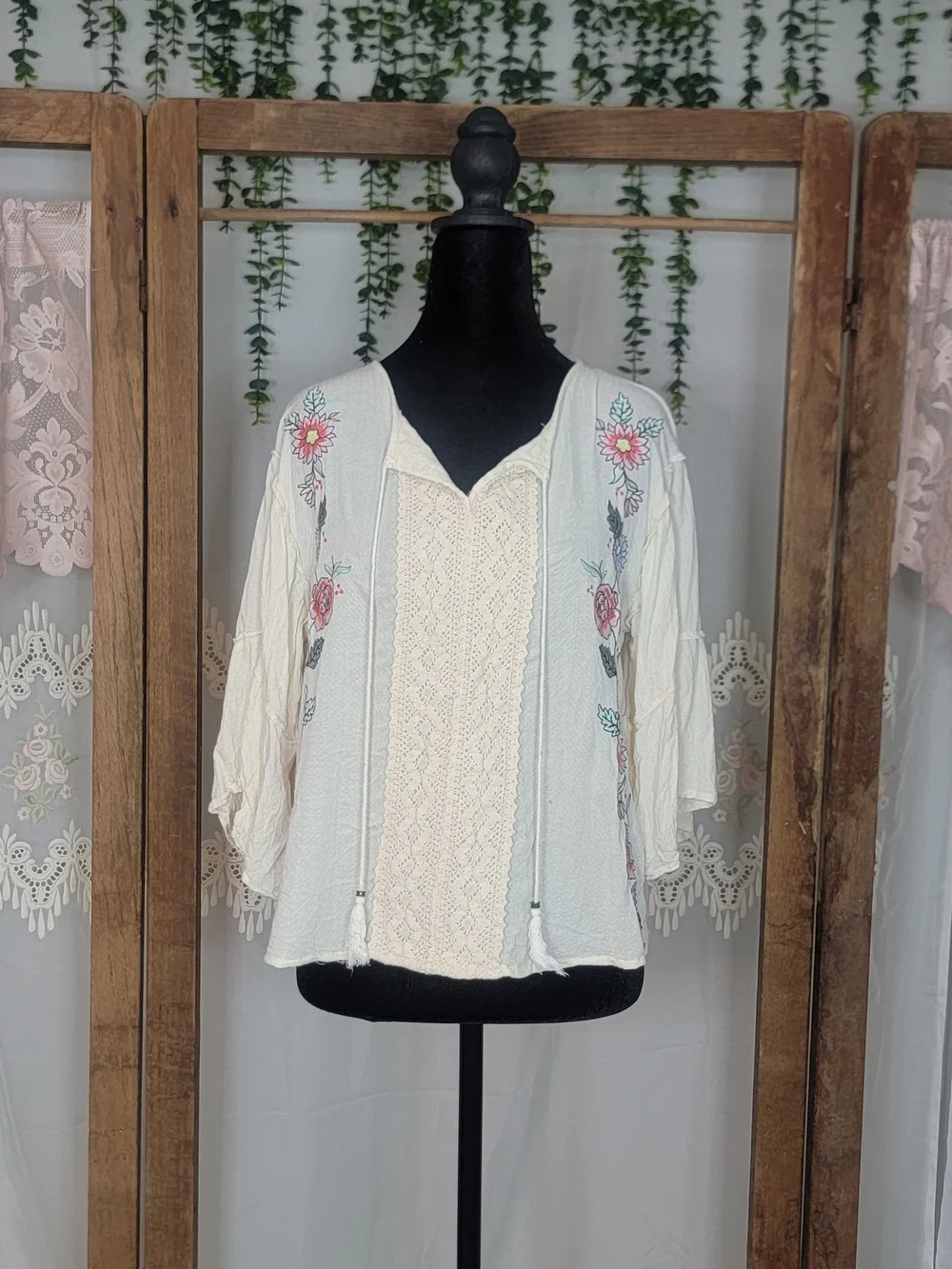 Blue Rain Ivory Embroidered Boho Peasant Blouse | Crochet Lace Tassel Tie Top